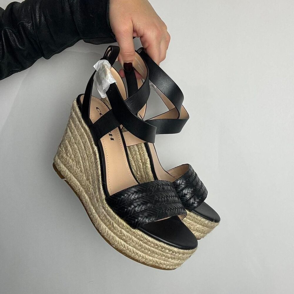Coach Isabela Black Leather and Woven Wedge Sandals